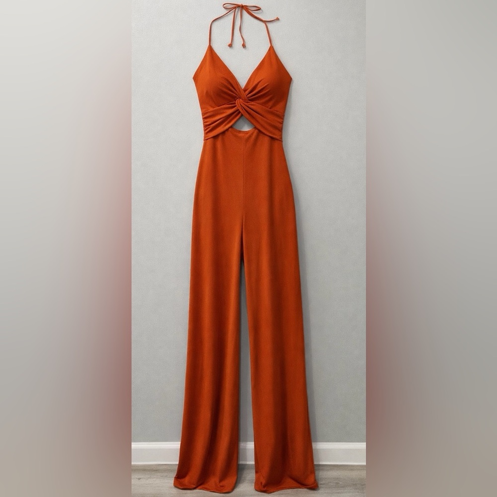 Windsor Rust Orange Cutout Halter Jumpsuit | Flare | size S